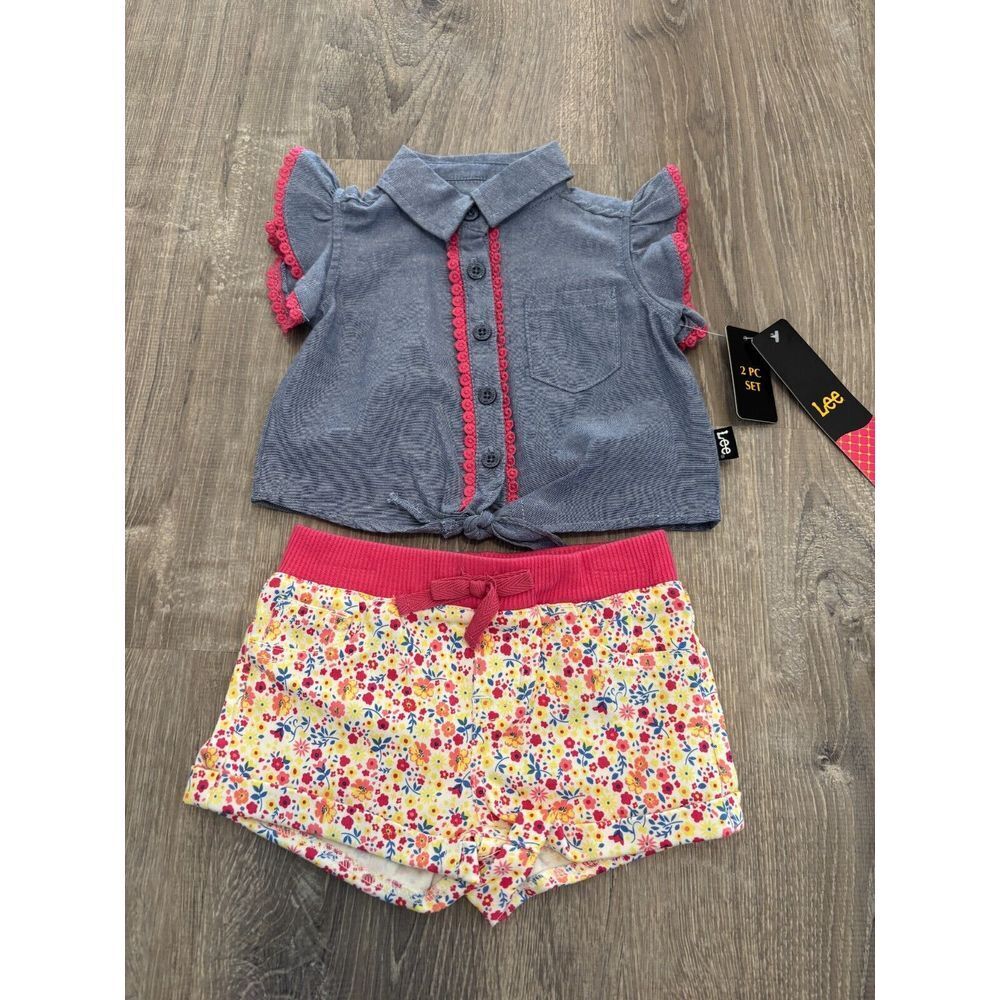 Lee Infant 2 Piece Set Denim Shirt Ruffle Sleeves Floral Shorts Size‎ 18M NWT